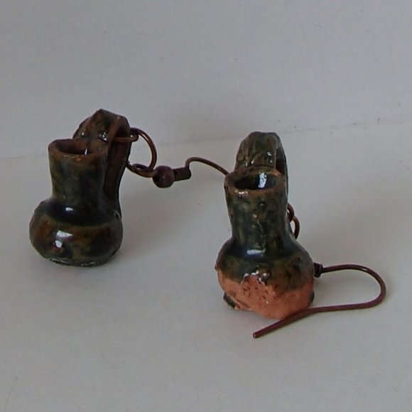 Terracotta Mexico Pottery OoaK Earrings Mini Glazed Handmade Copper Wires Rings - Picture 6 of 14
